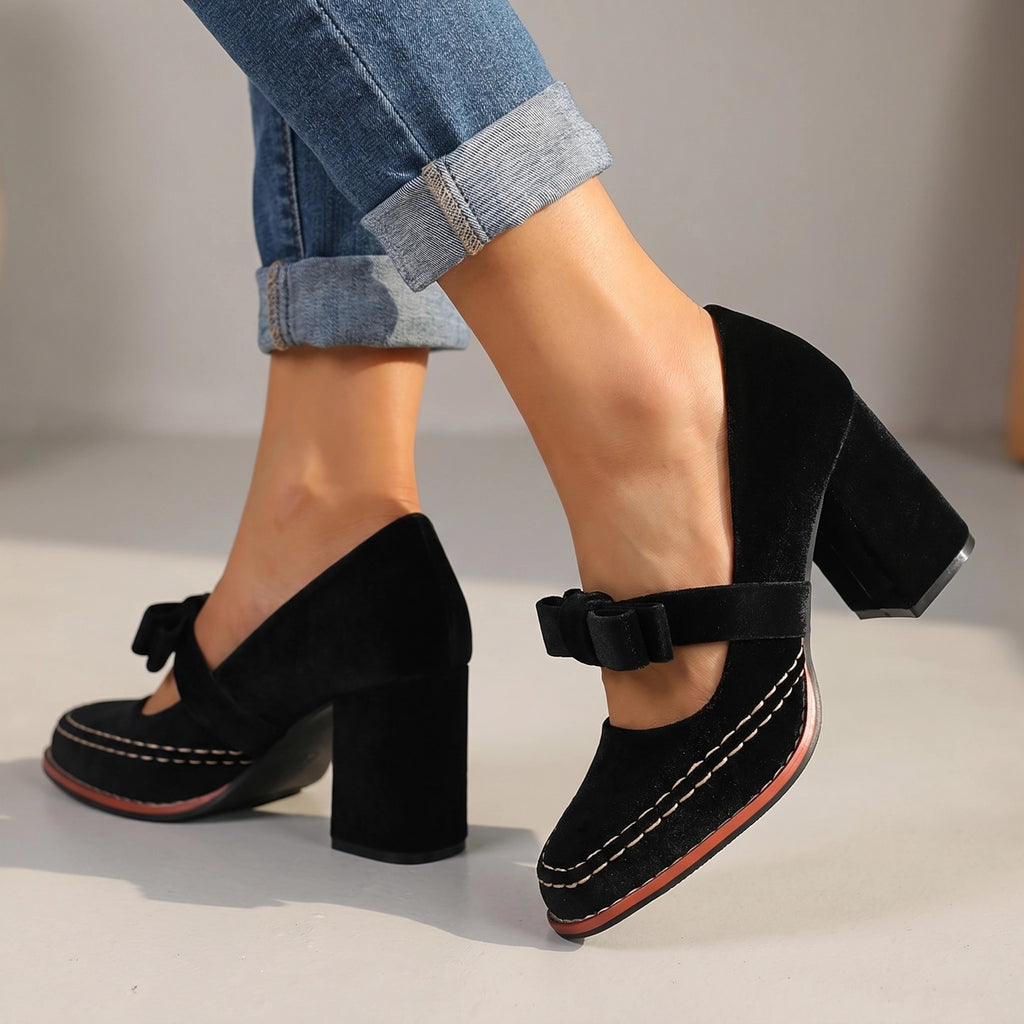 Black Corinne Bow Block Heels 2