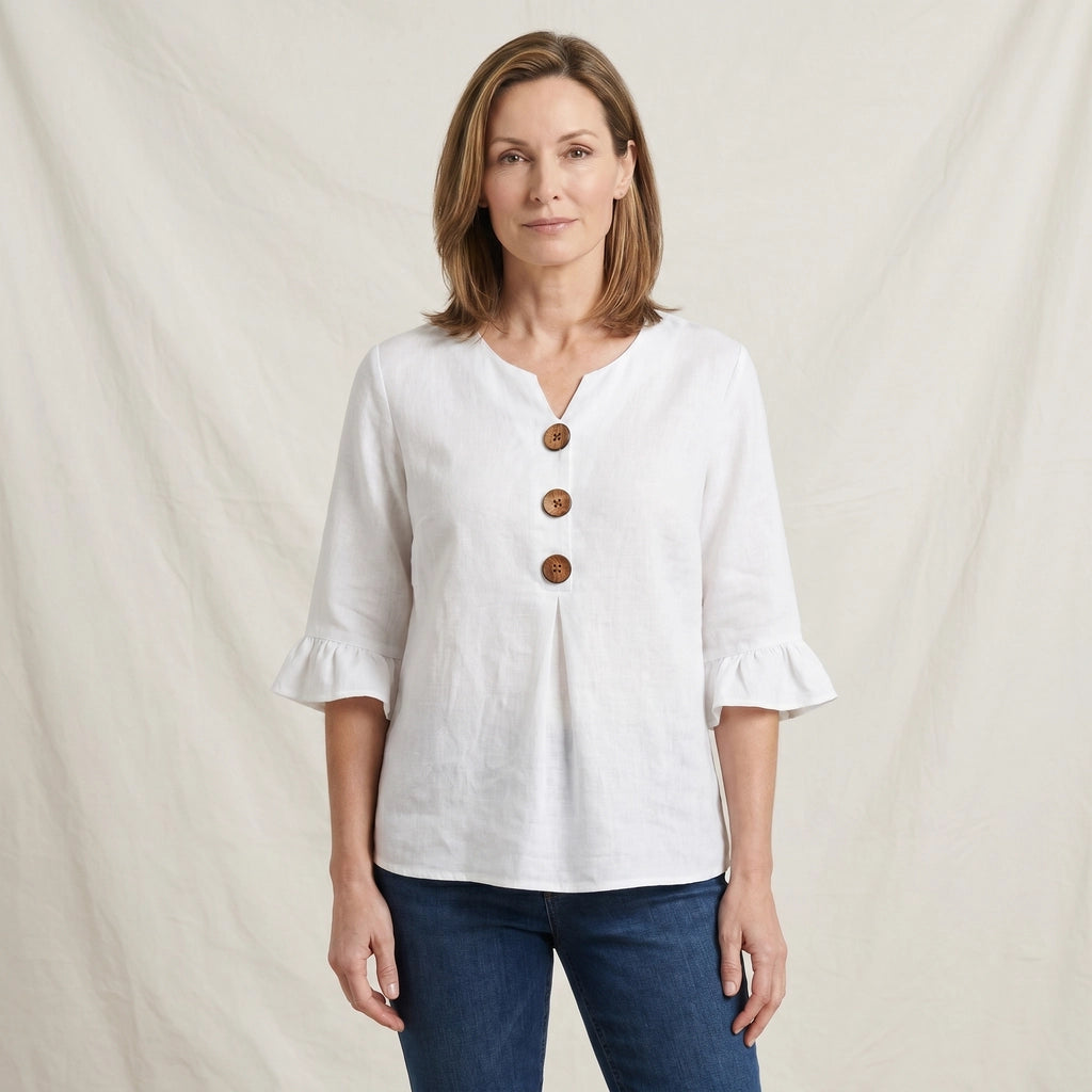 White Culver Cotton Linen V-Neck Top 2