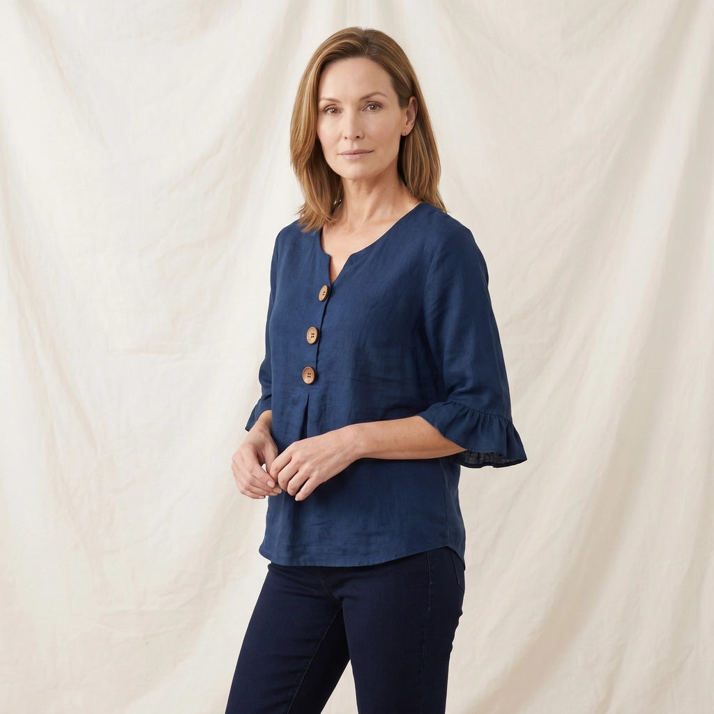 Navy Blue Culver Cotton Linen V-Neck Top 2
