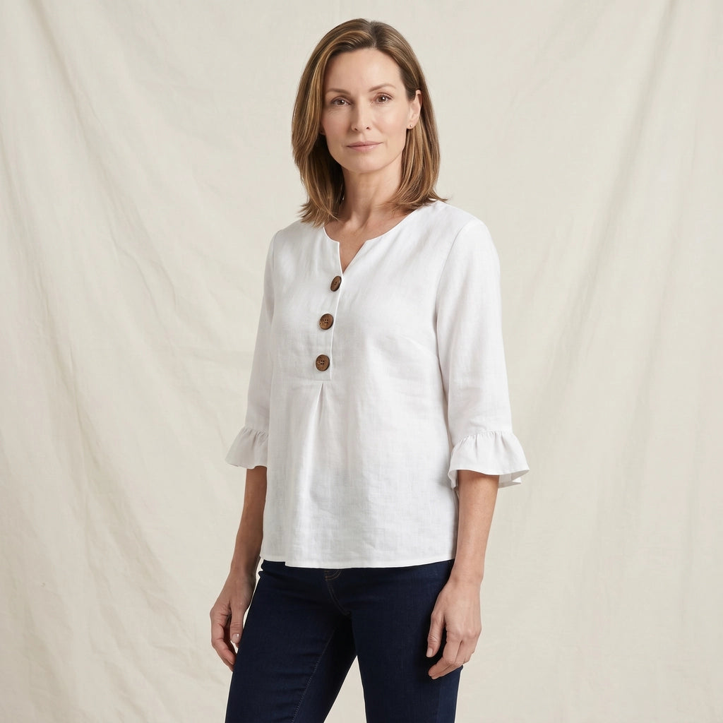 White Culver Cotton Linen V-Neck Top 3