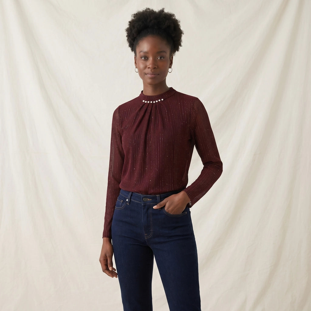 Wine Red Blythe Striped Mock Neck 3
