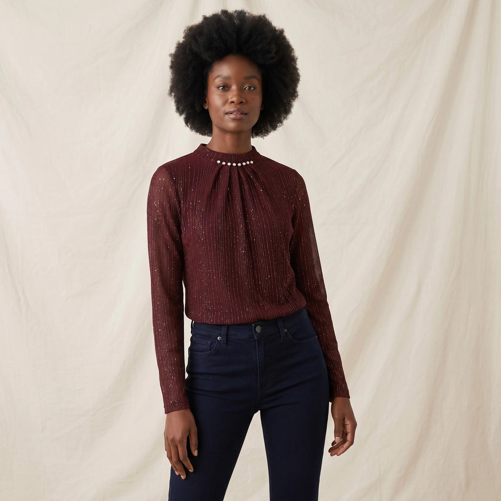 Wine Red Blythe Striped Mock Neck 4