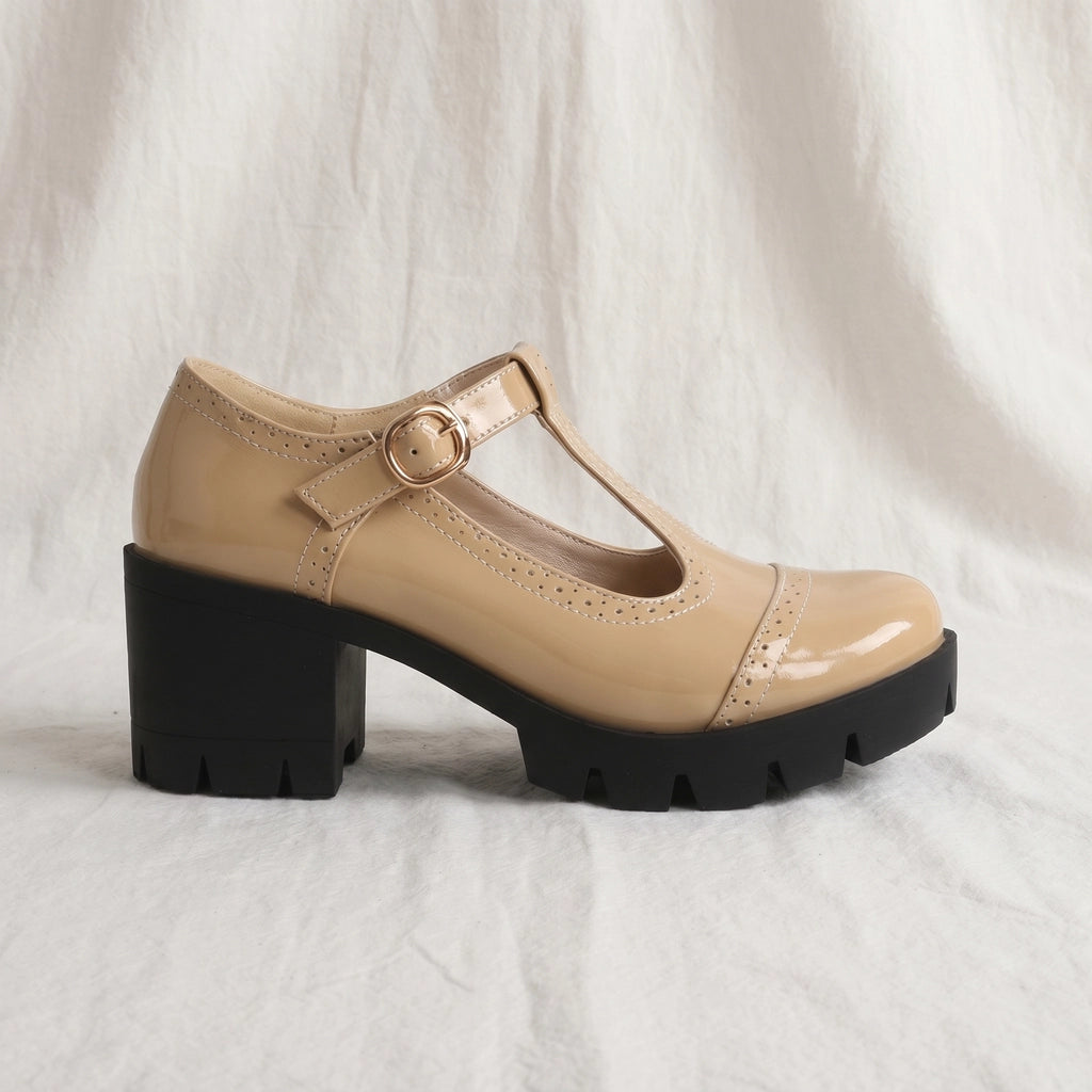 Beige Clarke Platform T-Strap Pumps 1