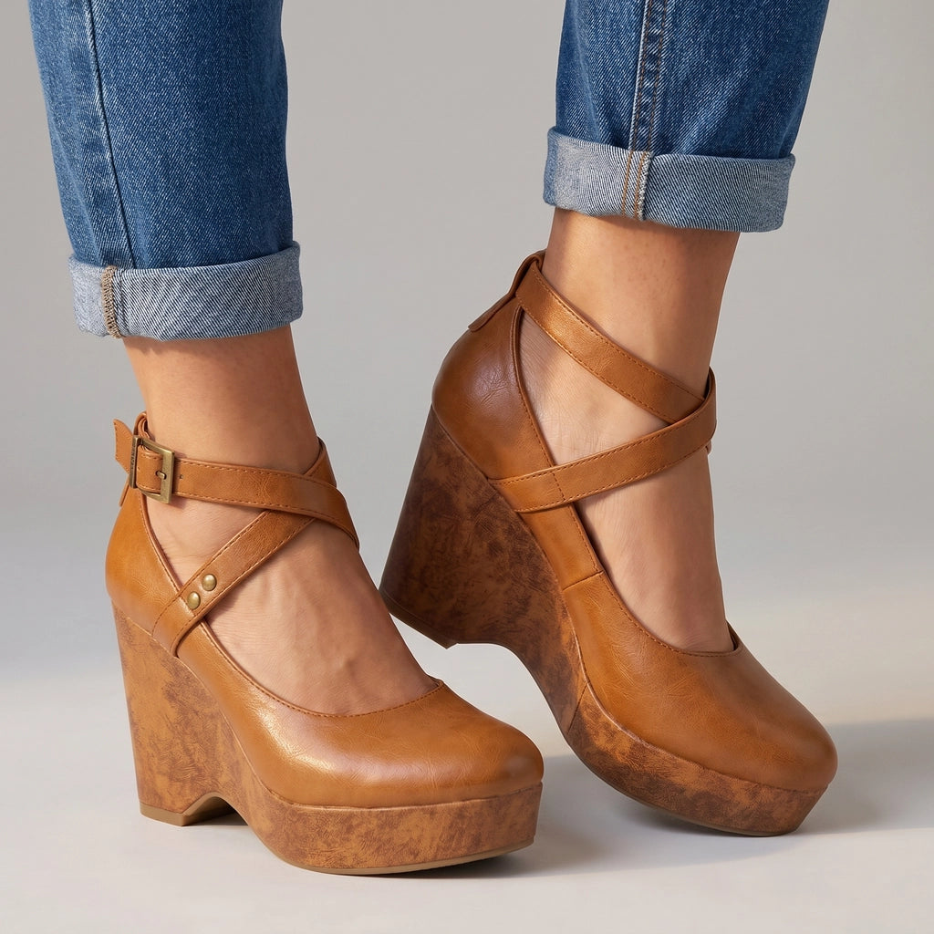 Brown Anthea Cross-Strap Wedges 2