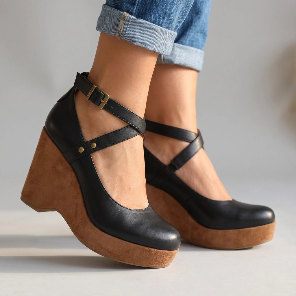 Black Anthea Cross-Strap Wedges 4