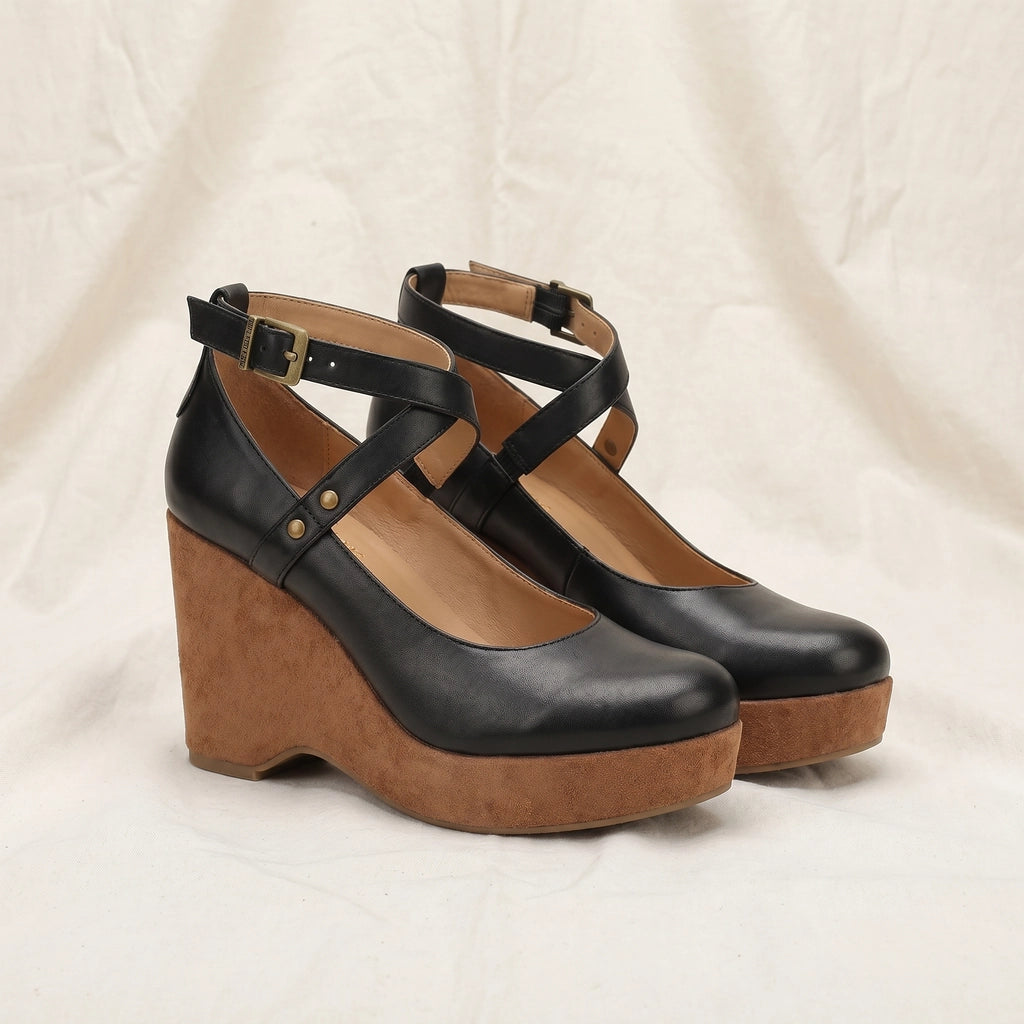 Black Anthea Cross-Strap Wedges 1