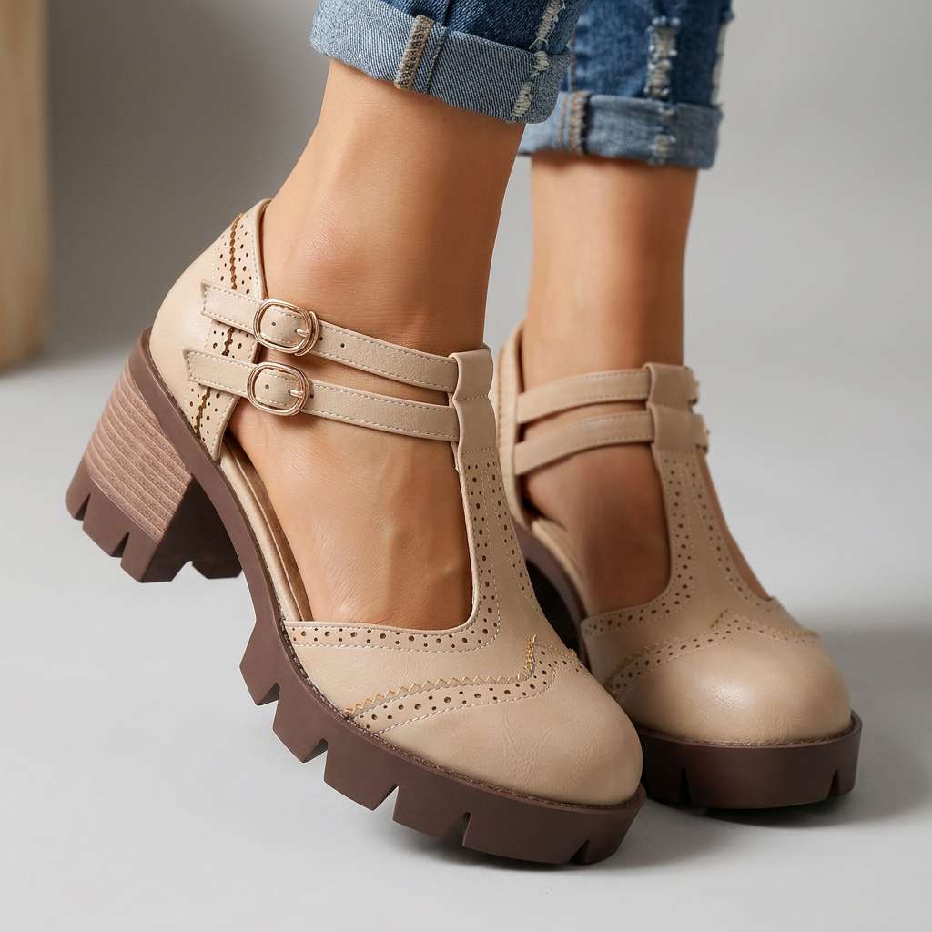 Sandra | Womens Brogue Chunky Heel Loafers