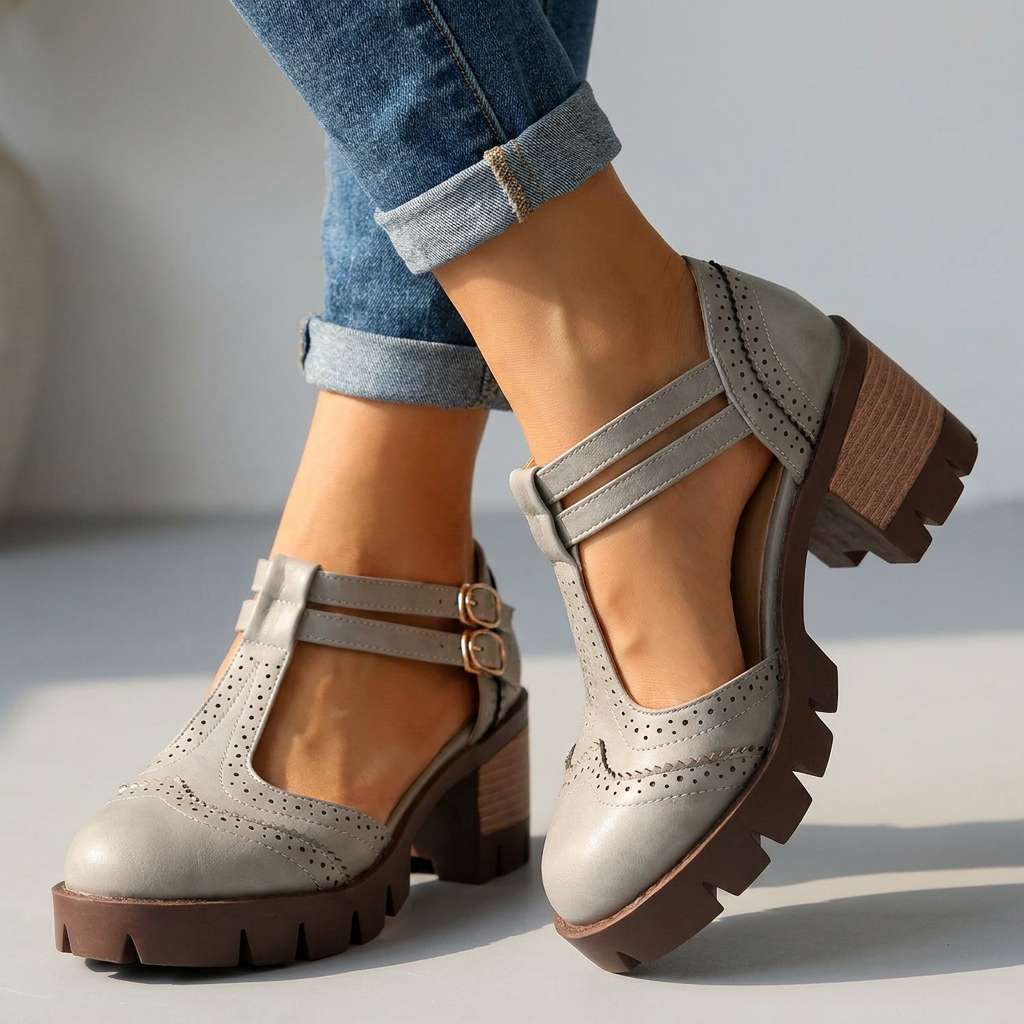 Sandra | Womens Brogue Chunky Heel Loafers