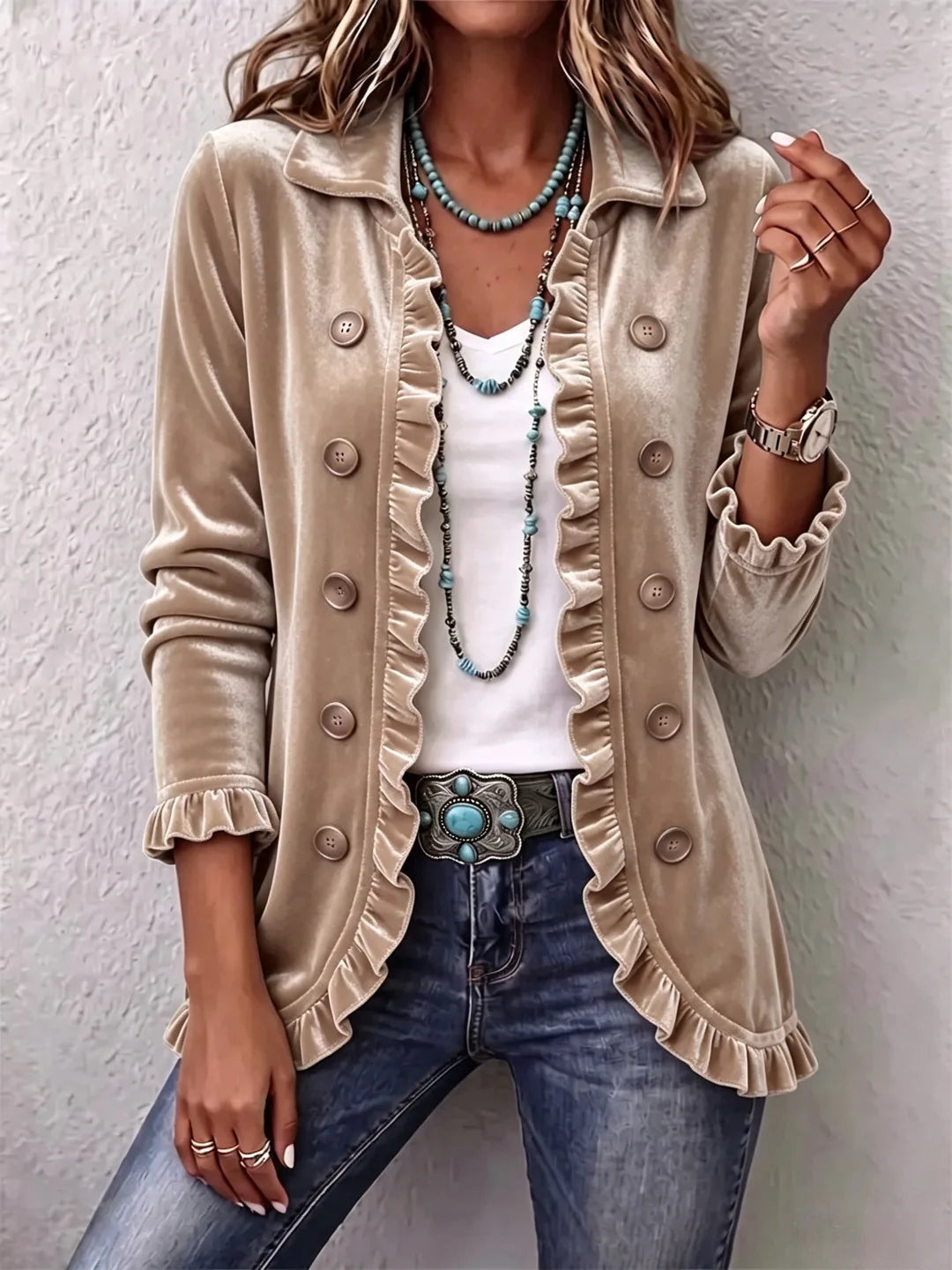 Adriana | Women's Velvet Cardigan Jacket - Color:Khaki;Size:XS