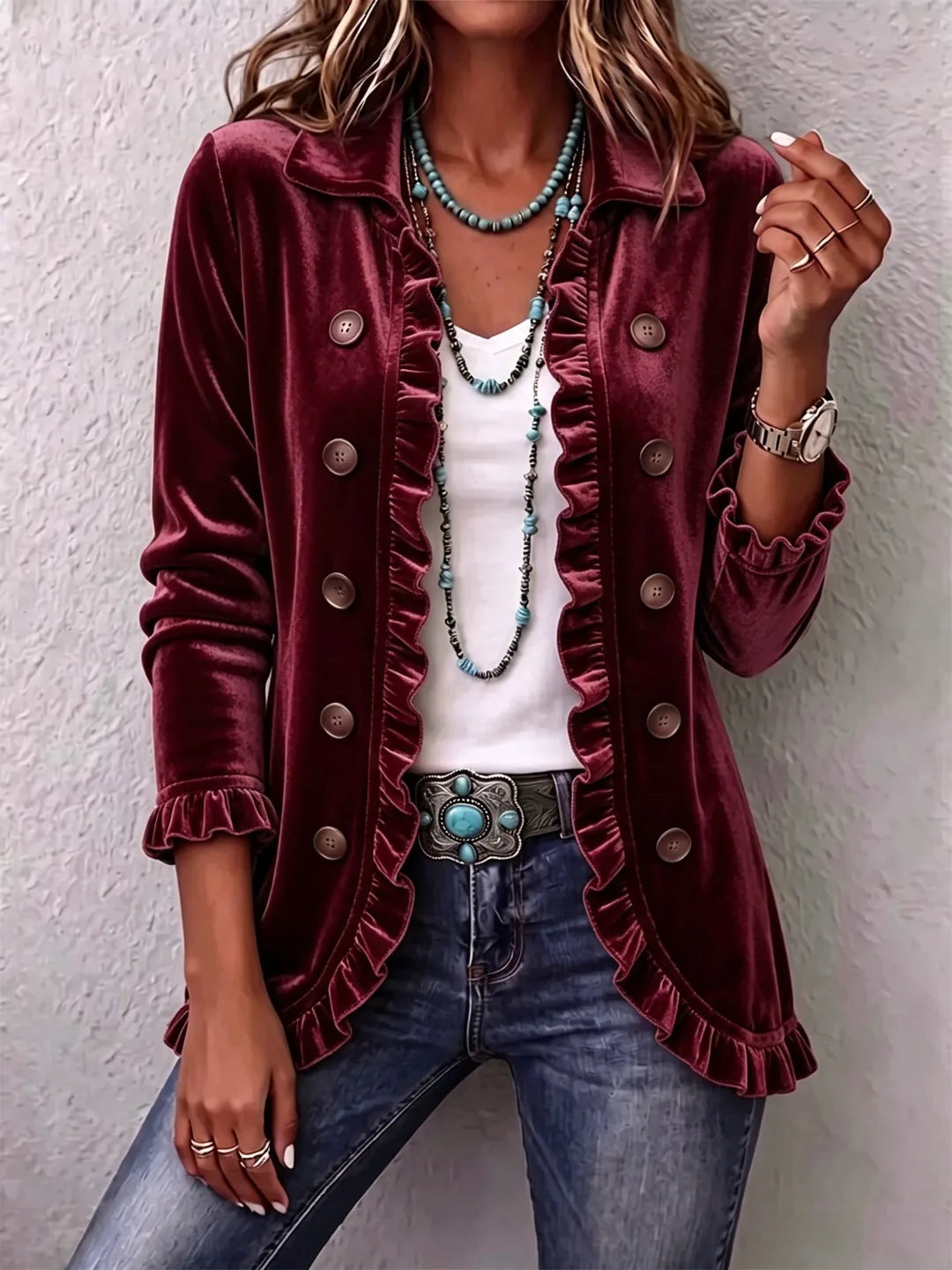 Adriana | Women's Velvet Cardigan Jacket - Color:Wine Red;Size:XS