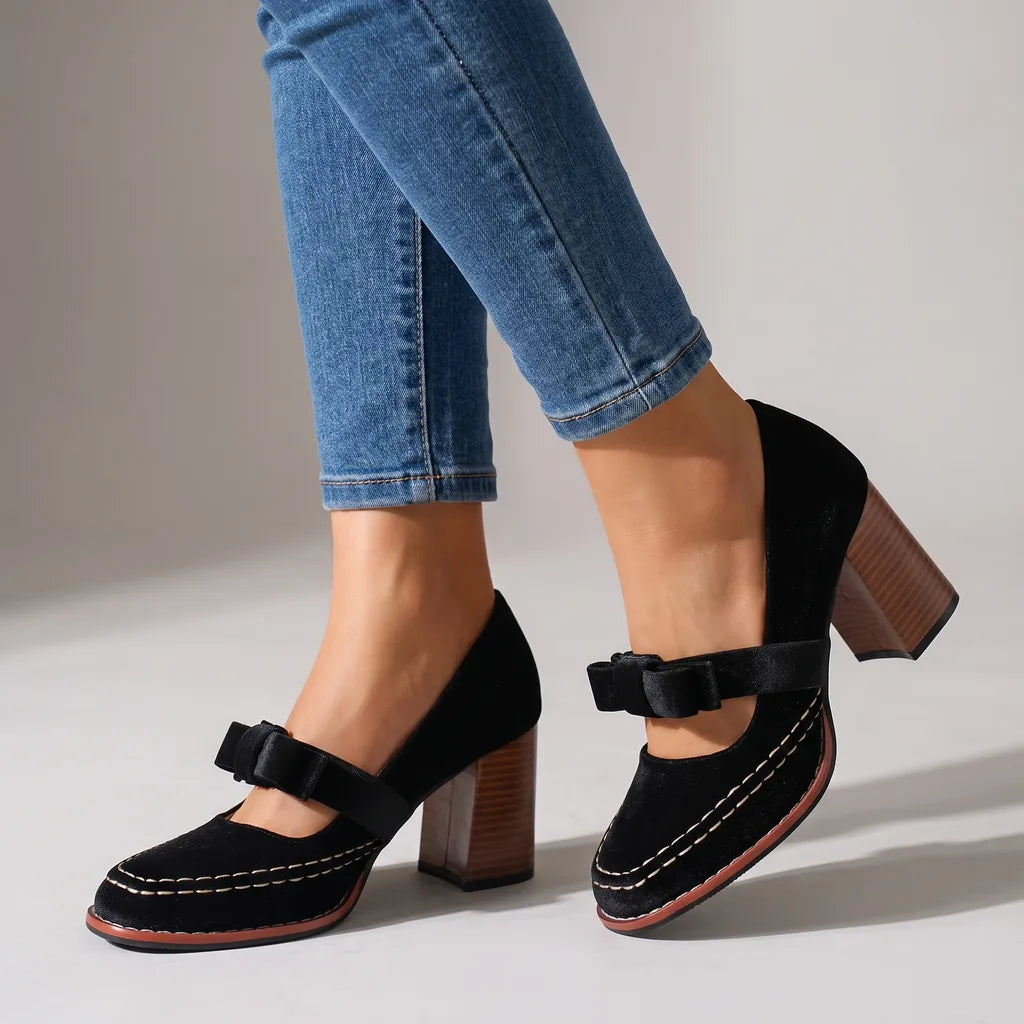 Alessia Velvet Mary Jane Heels - Color:Black;Size:35