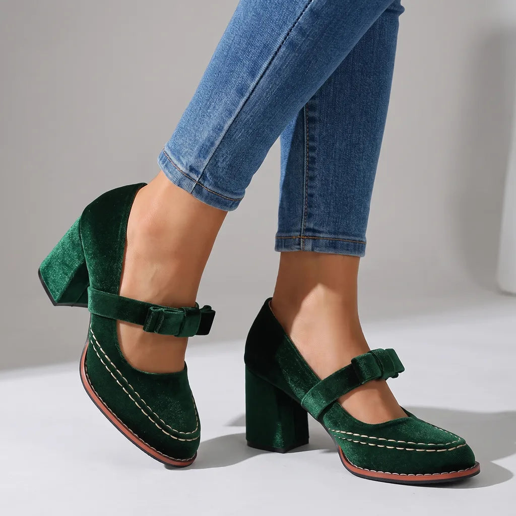 Alessia Velvet Mary Jane Heels - Color:Green;Size:35