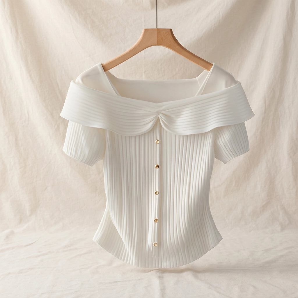 Alice Square Neck Knit Top - Color:White;Size:XS