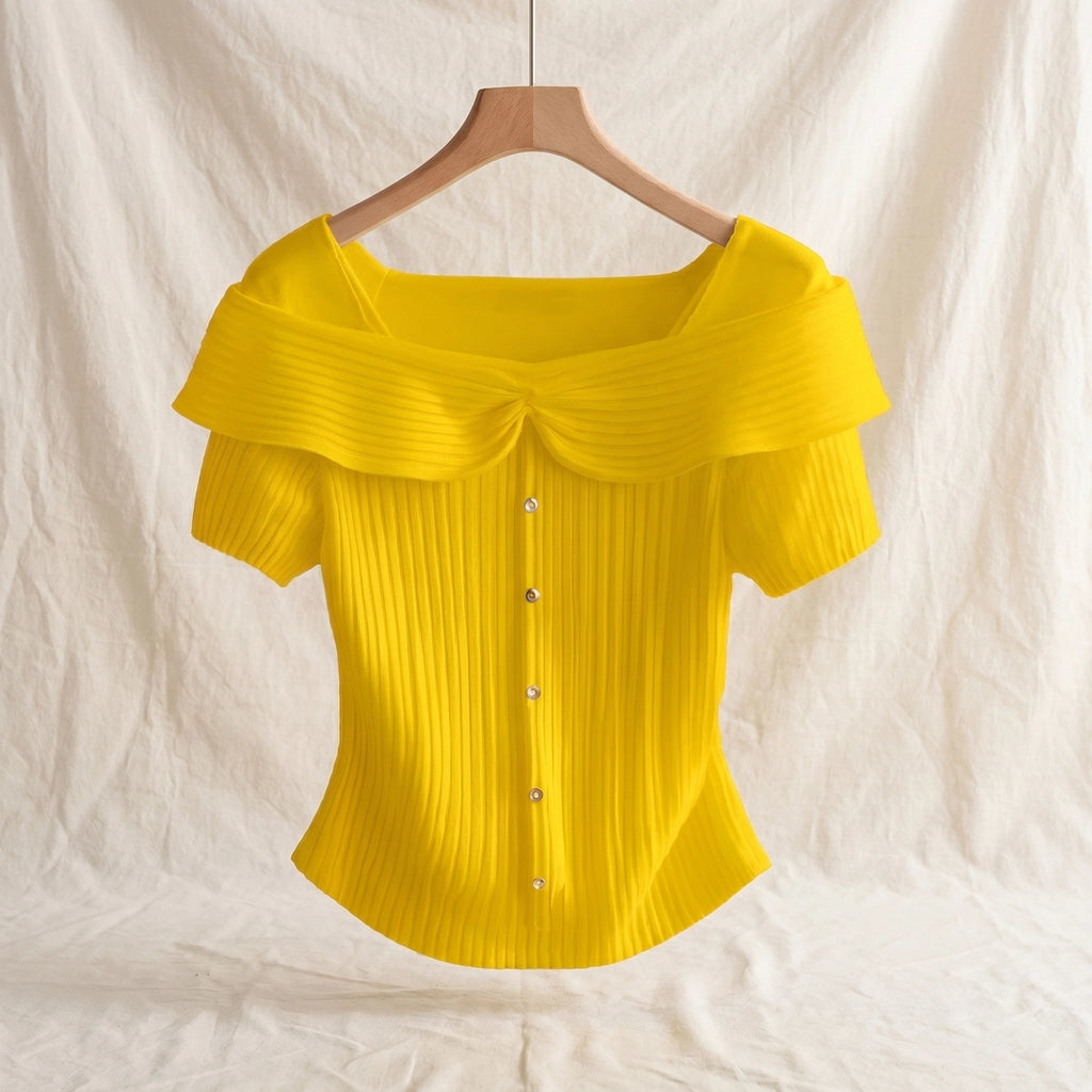 Alice Square Neck Knit Top - Color:Yellow;Size:XS
