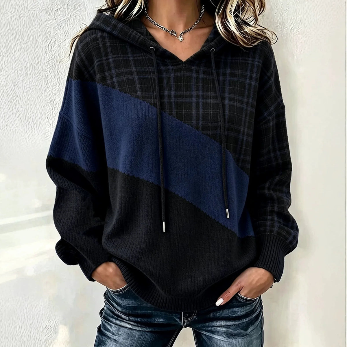 Alisa | Women's Retro Colour-Block Hooded Jumper - Color:Dark Blue;Size:XS