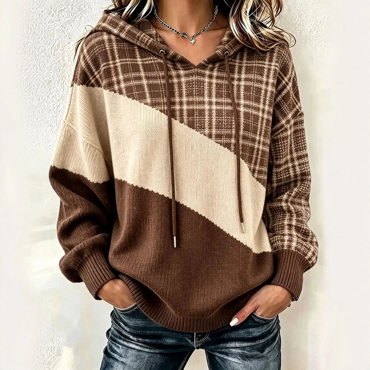 Alisa | Women's Retro Colour-Block Hooded Jumper - Color:Khaki;Size:XS