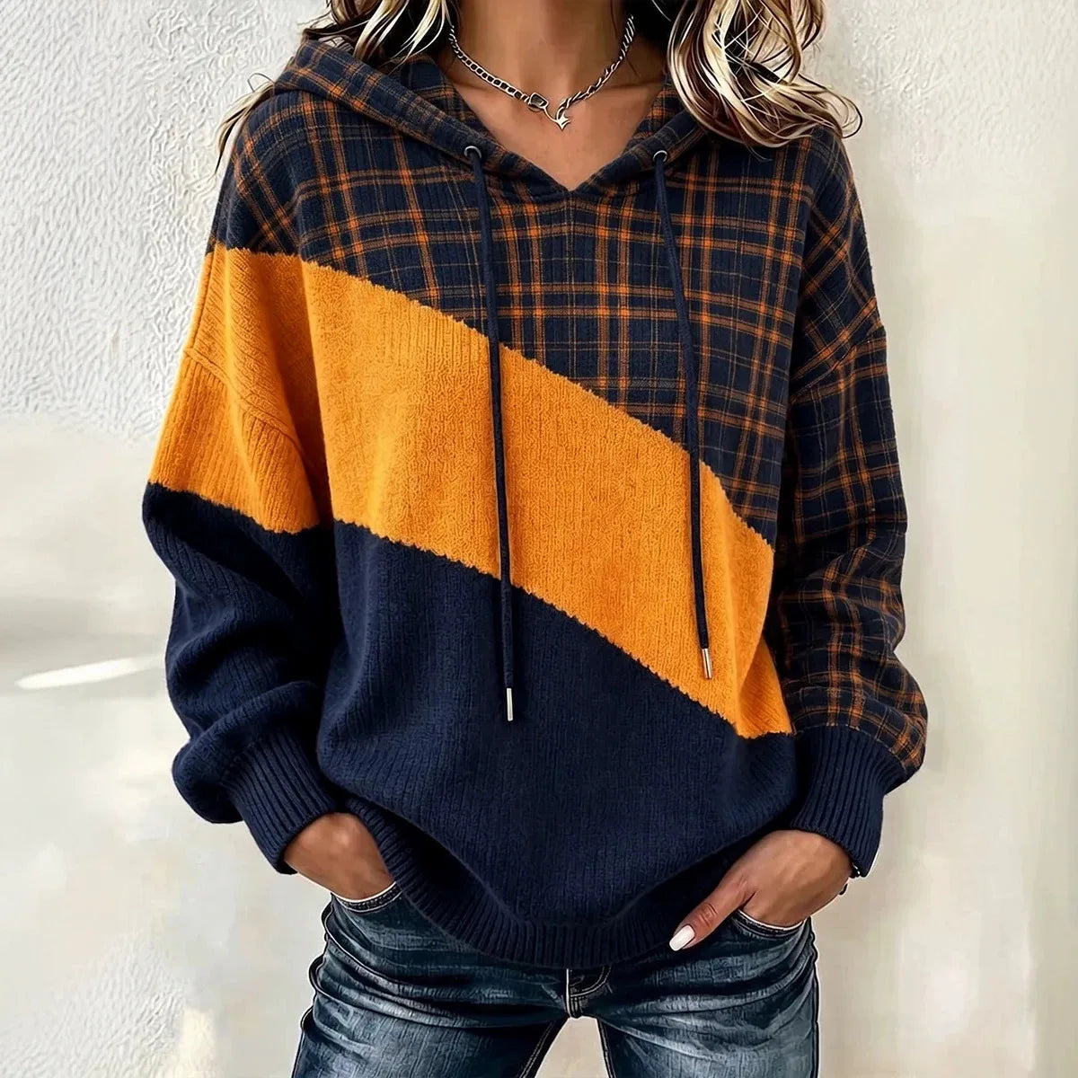 Alisa | Women's Retro Colour-Block Hooded Jumper - Color:Orange;Size:XS