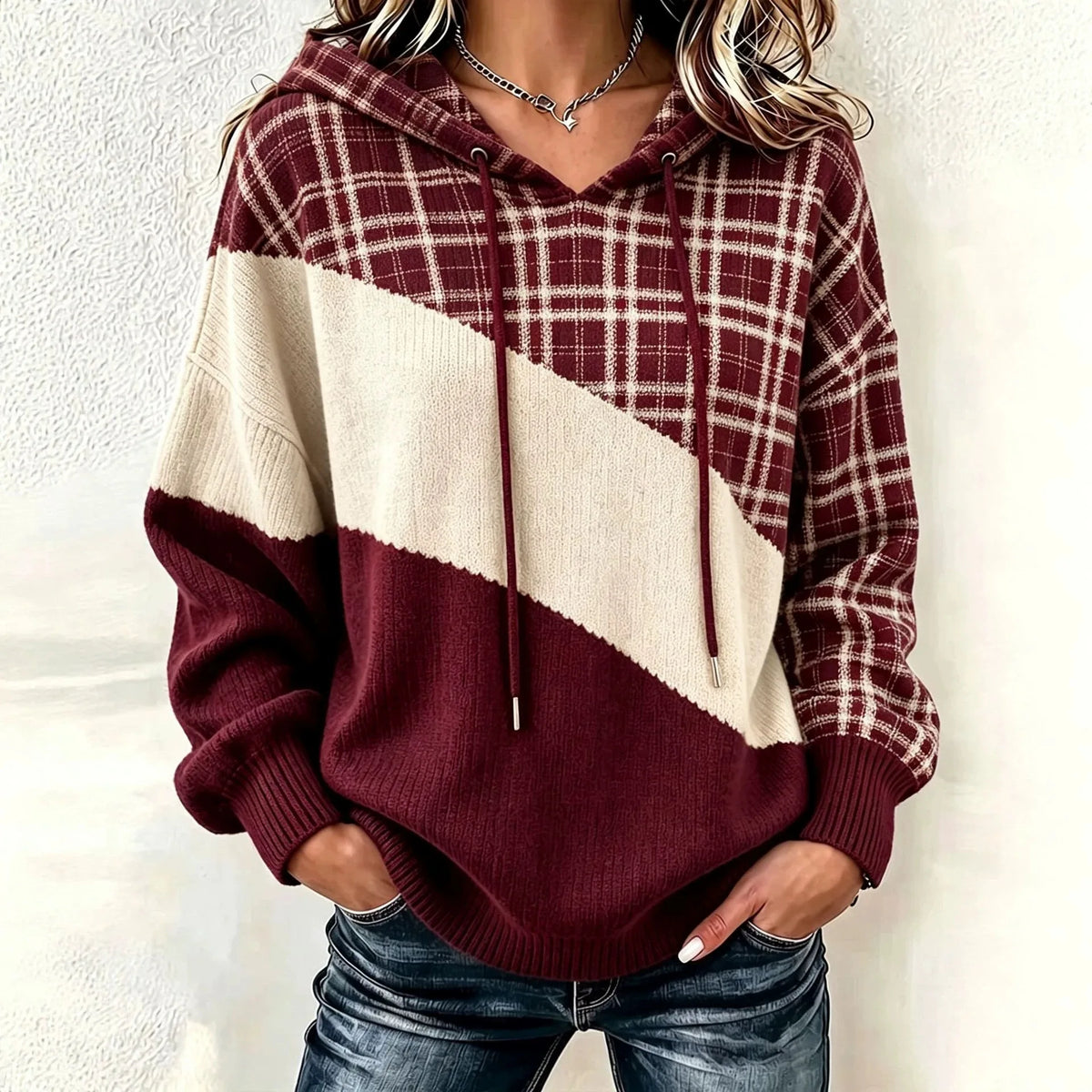 Alisa | Women's Retro Colour-Block Hooded Jumper - Color:Wine Red;Size:XS
