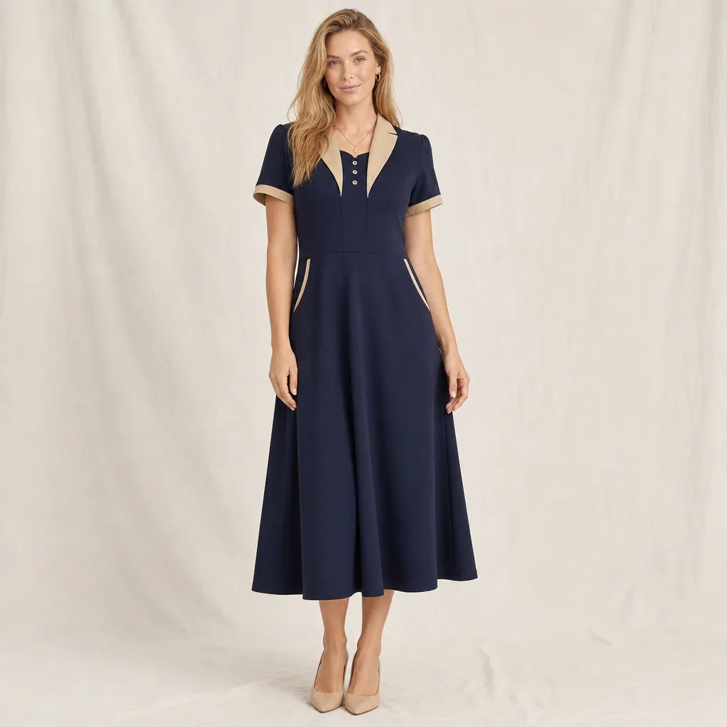 Amanda Defined Collar Dress - Color:Blue;Size:S