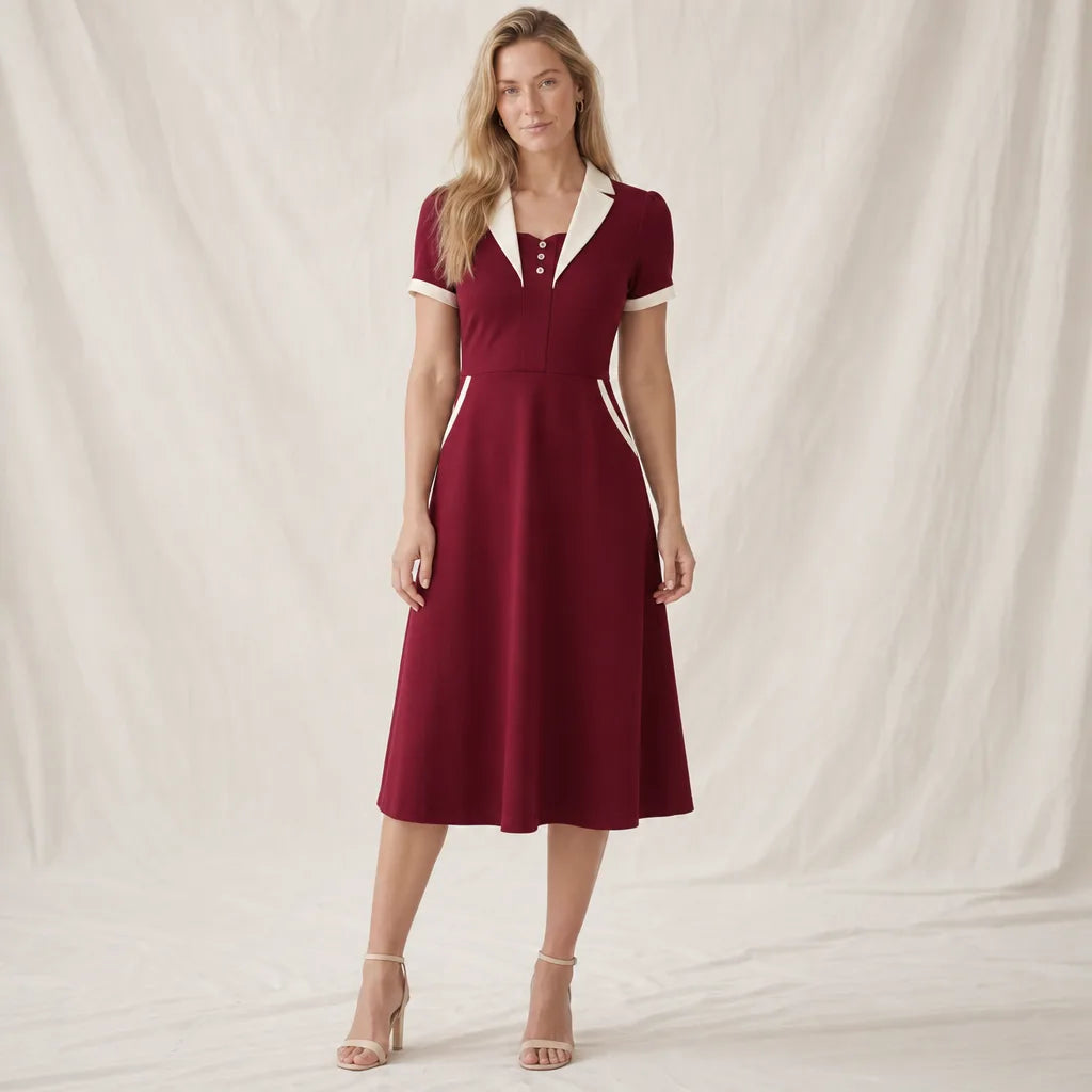 Amanda Defined Collar Dress - Color:Red;Size:S