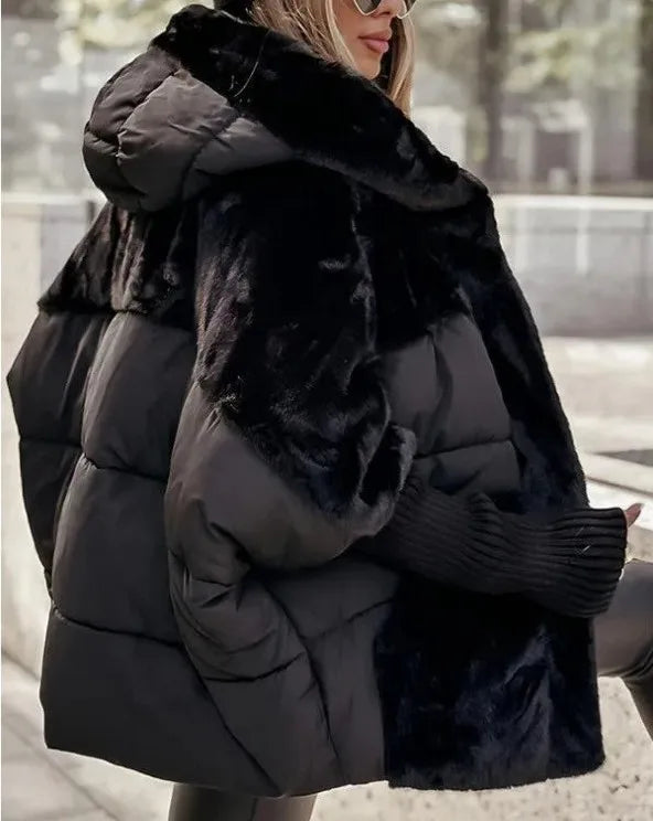 Amelia | Women's Faux Fur Hooded Quilted Puffer Winter Jacket  - Color:Black;Size:XS