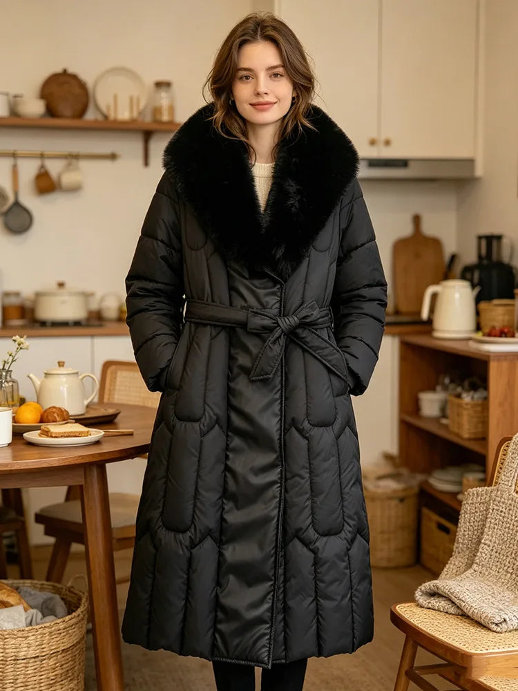 Amelie | Women's Long Fur-Collar Belted Quilted Coat - Color:Black;Size:S