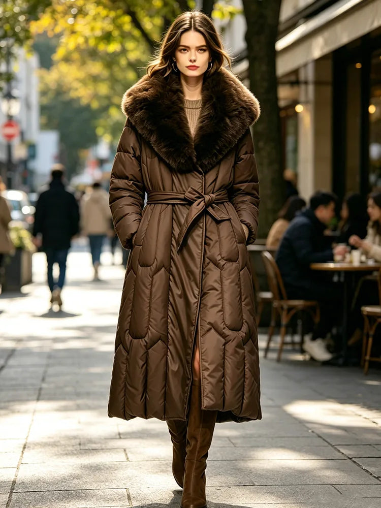 Amelie | Women's Long Fur-Collar Belted Quilted Coat - Color:Coffee;Size:S