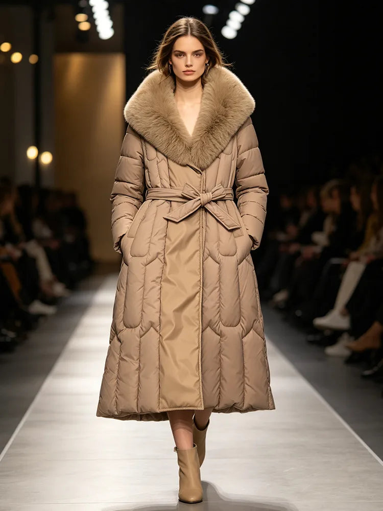 Amelie | Women's Long Fur-Collar Belted Quilted Coat - Color:Khaki;Size:S