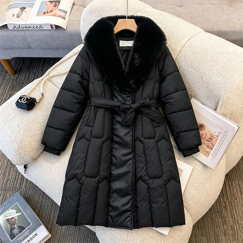 Women's Amelie | Women's Long Fur-Collar Belted Quilted Coat