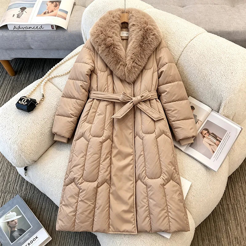 Women's Amelie | Women's Long Fur-Collar Belted Quilted Coat