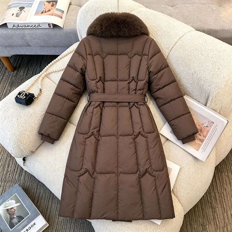Women's Amelie | Women's Long Fur-Collar Belted Quilted Coat