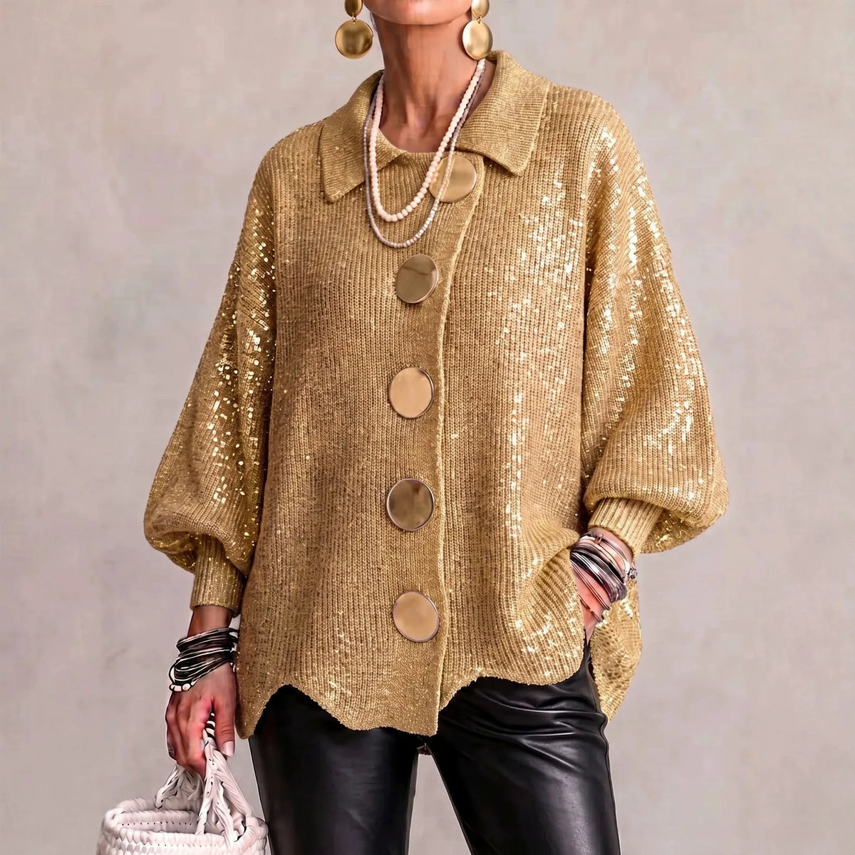 Annalise | Women's Scalloped Hem Chunky Collared Cardigan - Size:XS;Color:Gold