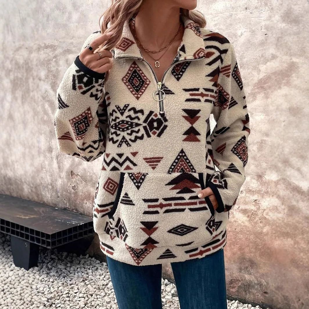 Arabella | Women's Aztec-Print Quarter-Zip Pullover - Color:Off-White;Size:XS