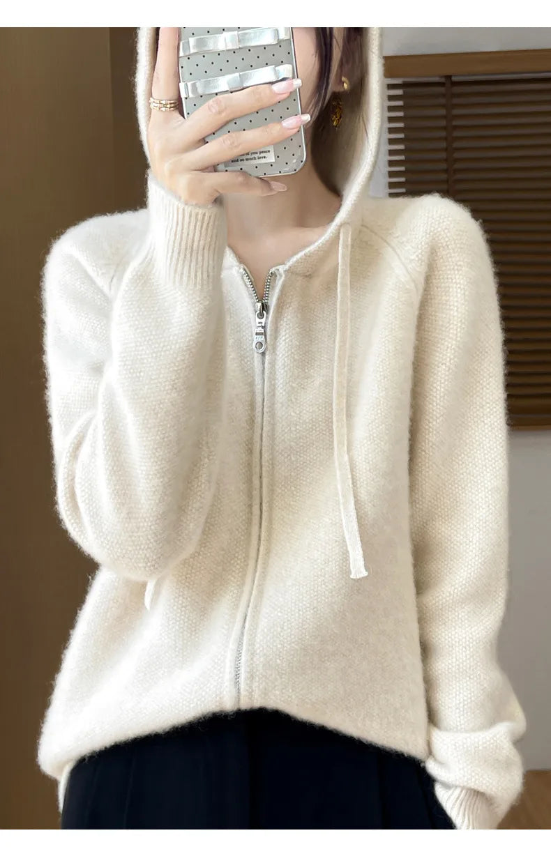 Aria | Women's Wool Cosy Hooded Zip Cardigan - Color:Apricot;Size:S