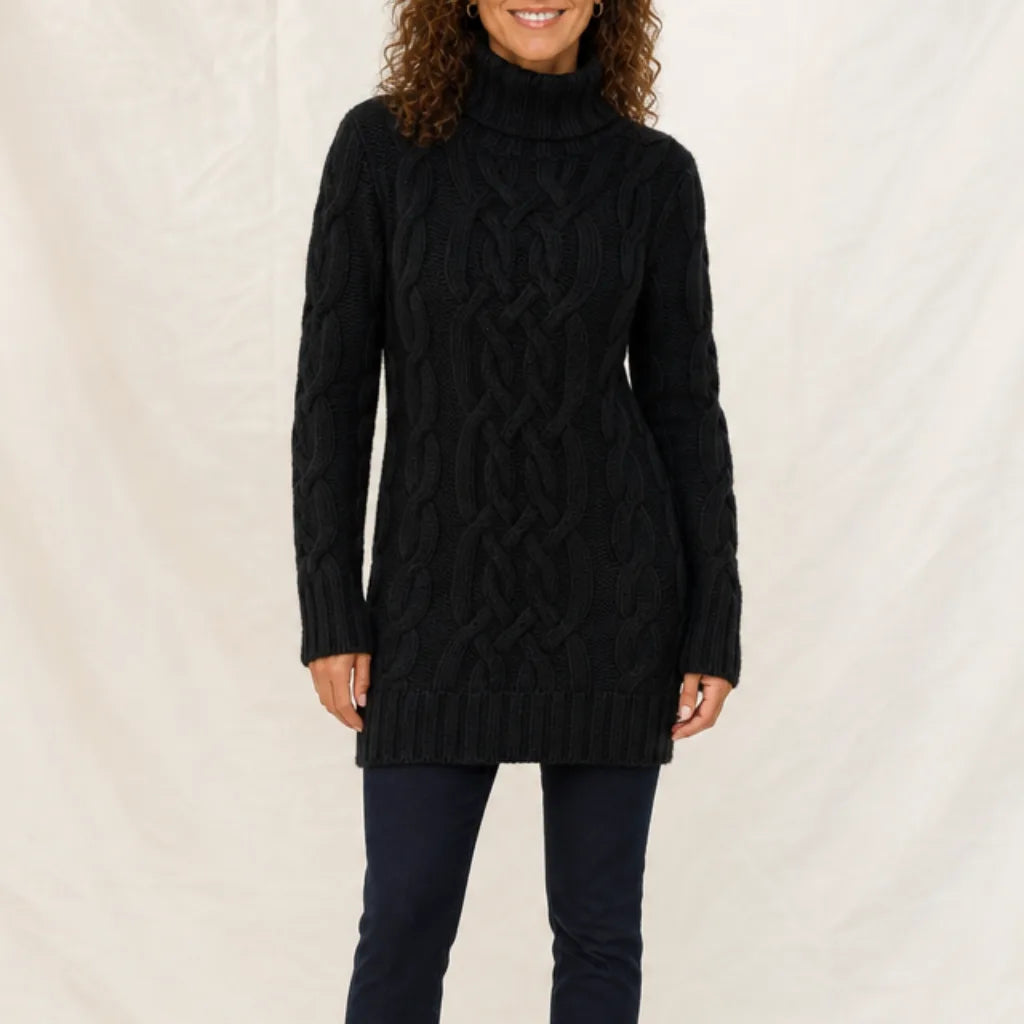 Arianna | Women's Cable Knitted Turtleneck Jumper Dress - Size:S;Color:Black