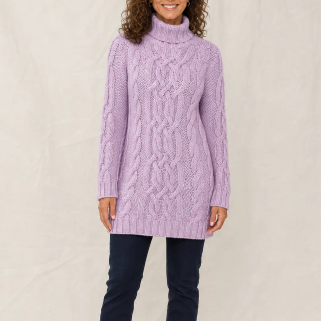 Arianna | Women's Cable Knitted Turtleneck Jumper Dress - Size:S;Color:Purple