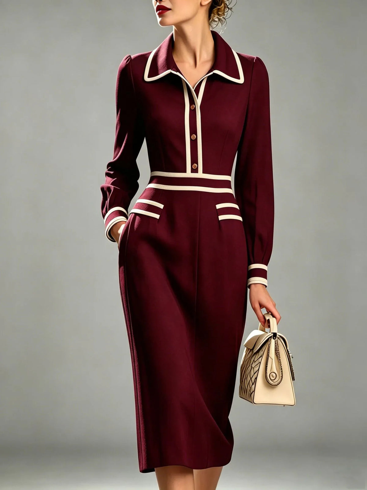 Asha | Women's Elegant Midi Dress - Color:Burgundy;Size:S