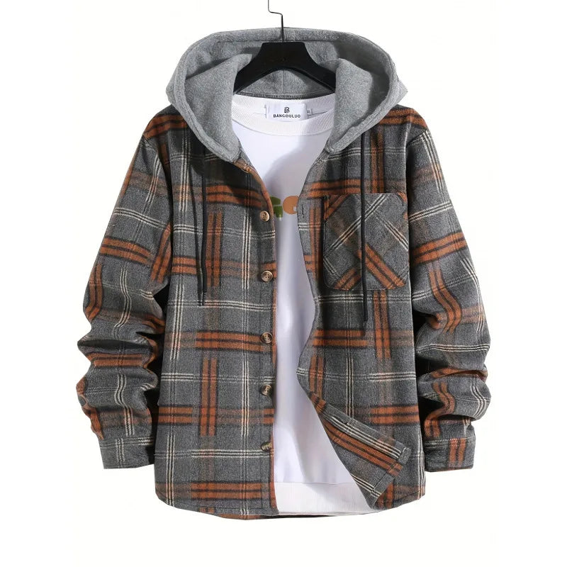 Asher | Men's Hooded Plaid Jacket  - Dark Gray