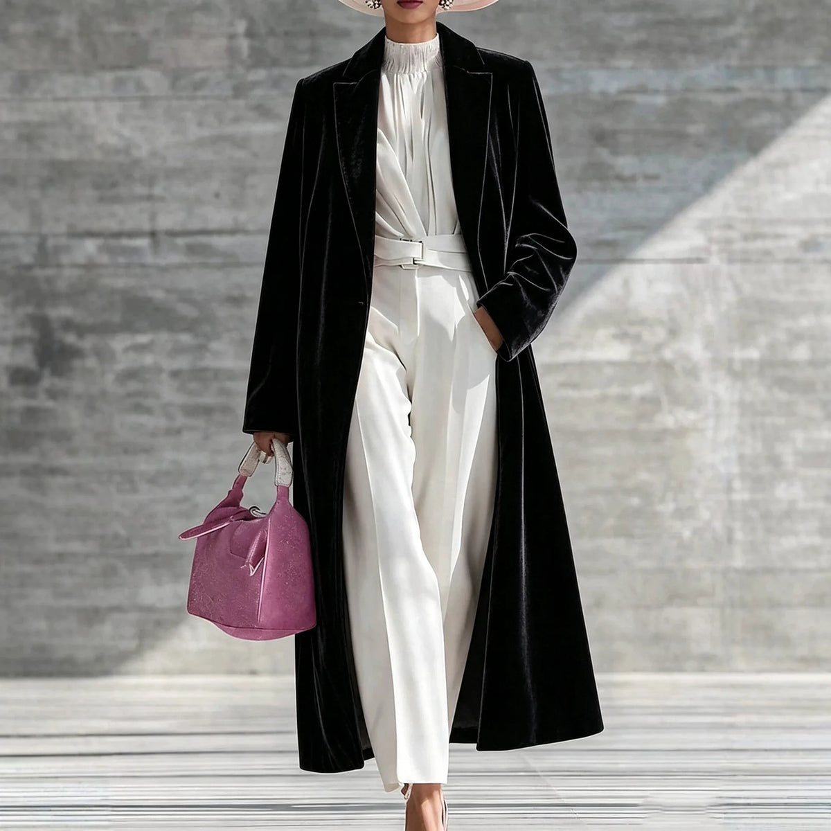 Audrina | Women's Long Velvet Winter Coat - Black