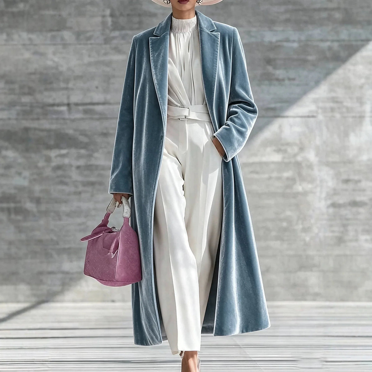 Audrina | Women's Long Velvet Winter Coat - Blue