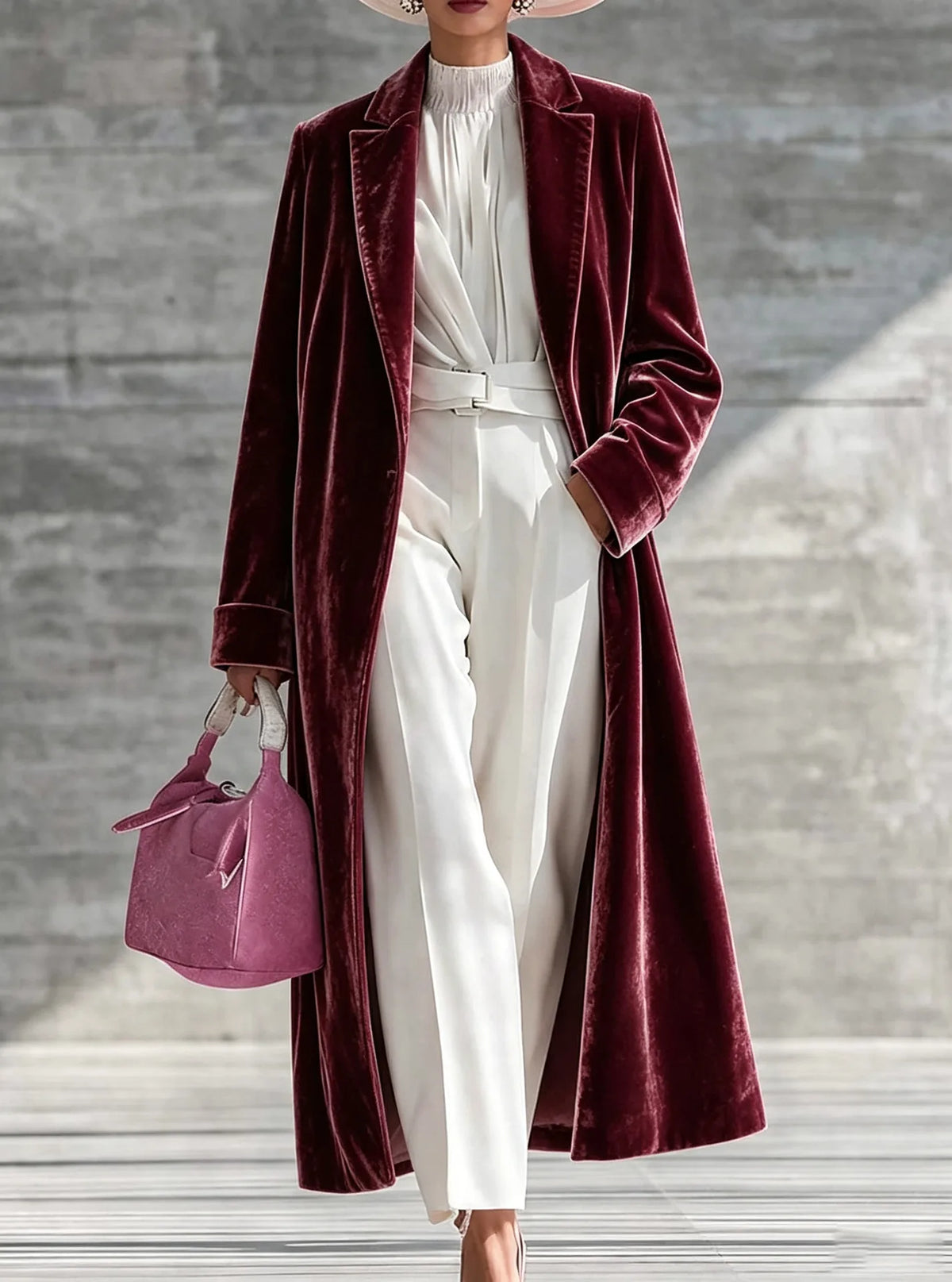 Audrina | Women's Long Velvet Winter Coat - Burgundy