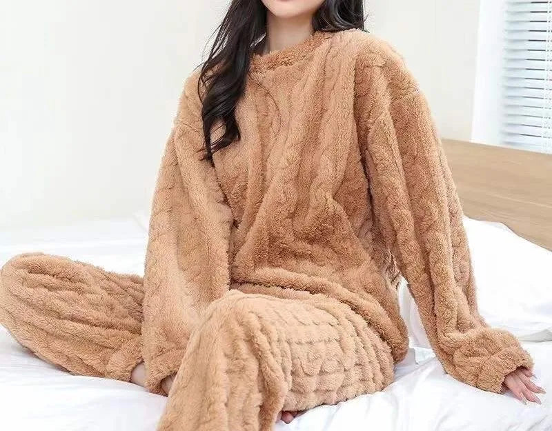 Aurelia | Women's Cozy Fleece Relaxed-Fit Winter Loungewear Set - Size:One Size;Color:Khaki