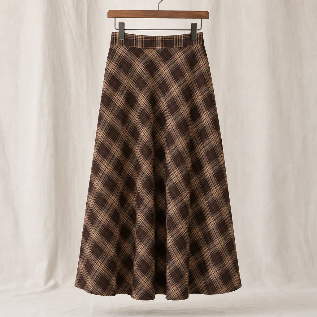 Barbara Plaid Midi Skirt - Color:Beige;Size:XS