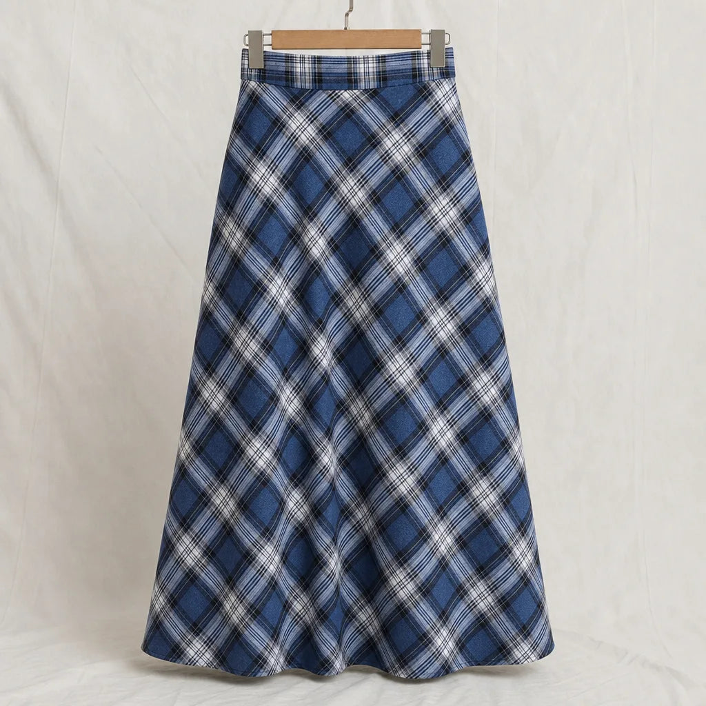 Barbara Plaid Midi Skirt - Color:Blue;Size:XS
