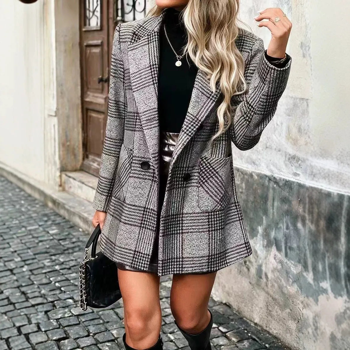 Beatrice | Women's Plaid Tweed Coat - Grey