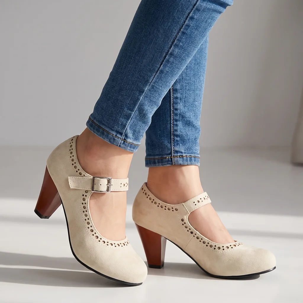 Beatrice | Womens Platform Mary Jane Heels Shoes - Color:Beige;Size:35