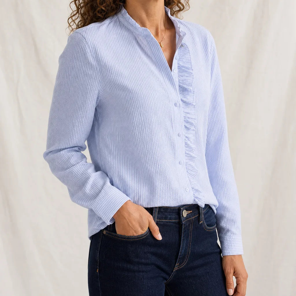 Women's Blue Bedford Ruffle Collar Blouse