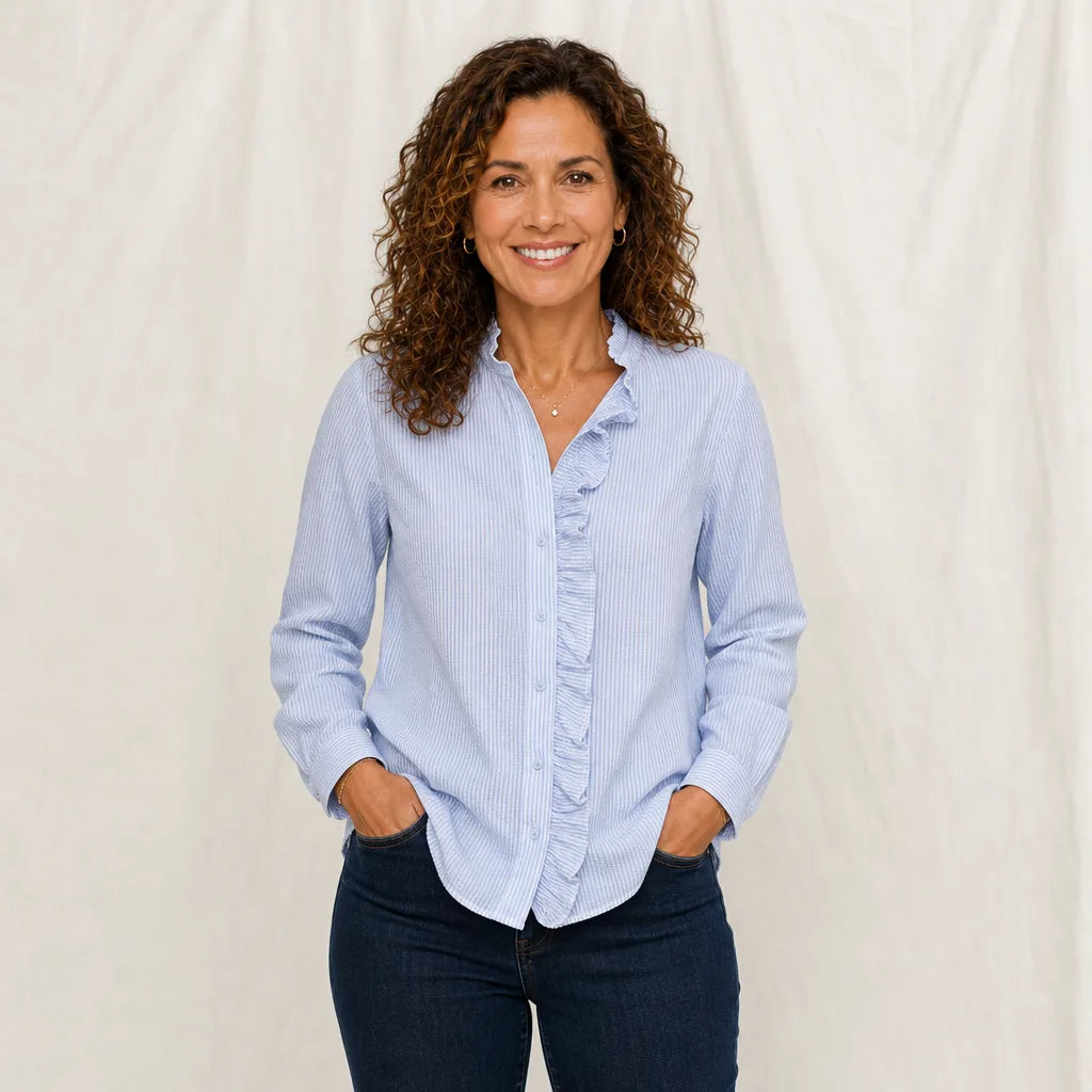 Women's Blue Bedford Ruffle Collar Blouse