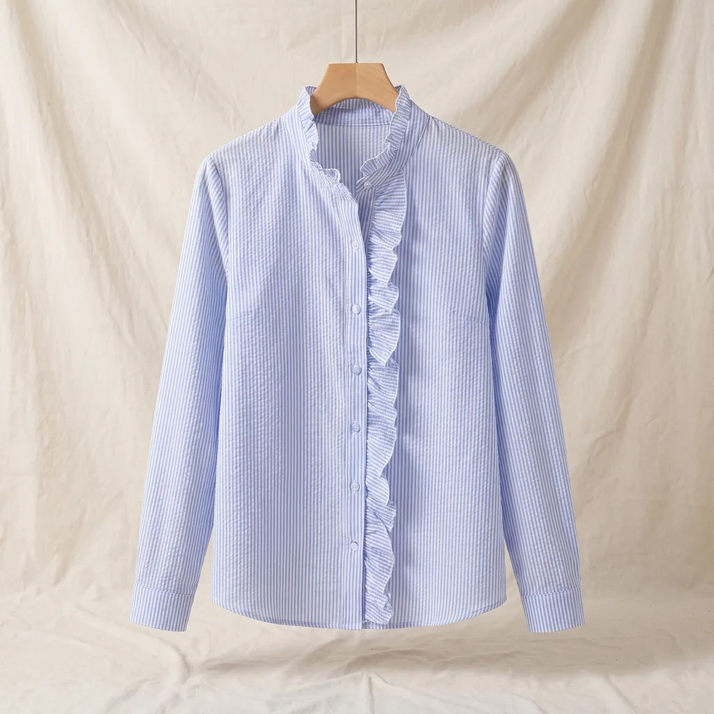 Women's Blue Bedford Ruffle Collar Blouse