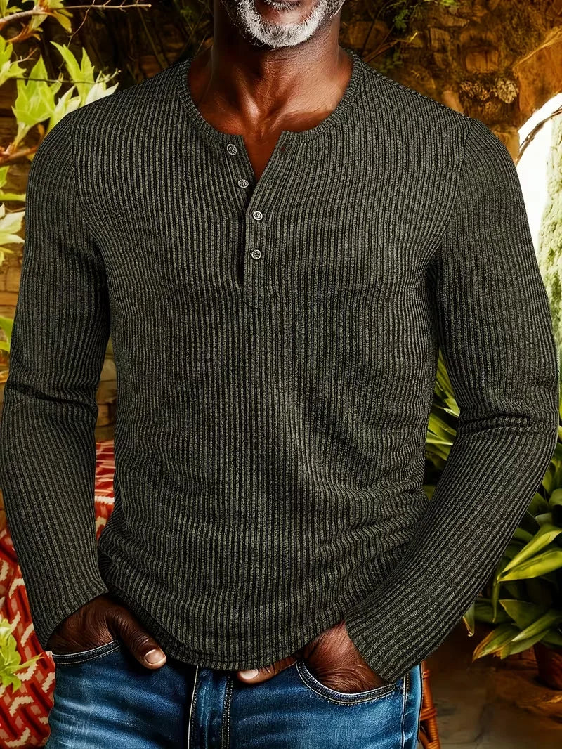 Benson | Textured Knit Henley Shirt For Men - Color:Green;Size:XS